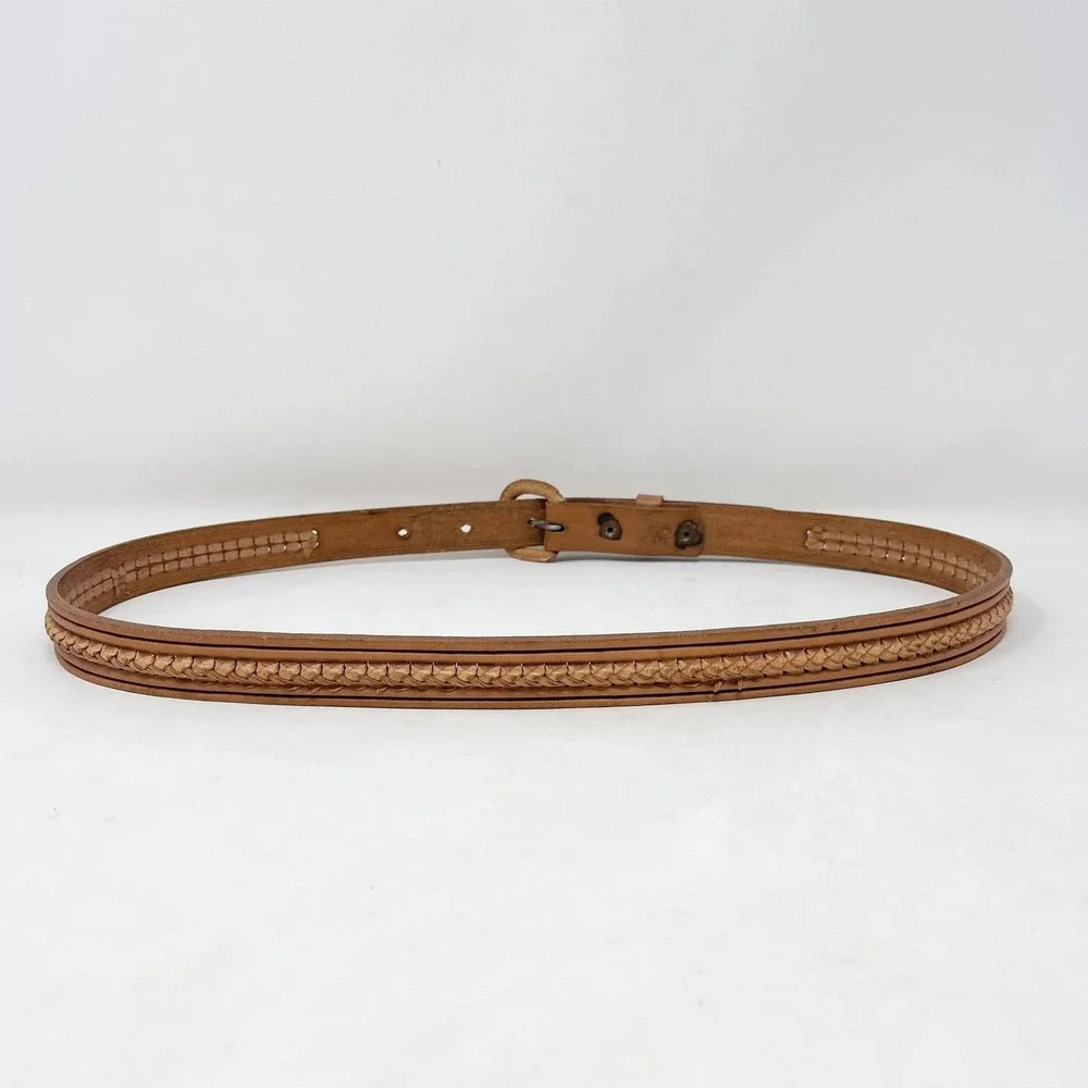 VTG Braided Belt Wms 36 Tan Brown Leather Hand Tooled Covered Buckle Western